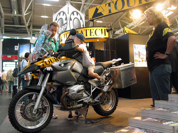 Small boy on R1150GS with Touratech cases