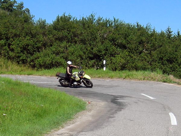 Sylvia in the middle of the road in a right-hand corner