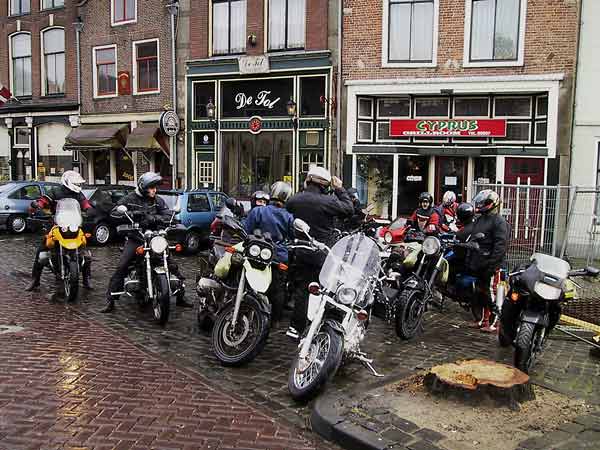 Motorcycles in front of a cafe